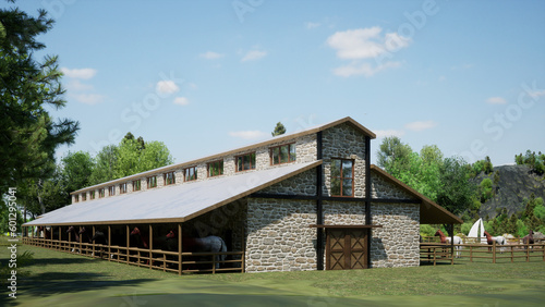 old wooden house in the woods, old wooden bridge, old wooden house, stable, farm, animals, stable made of stone and wood, horse farm, manege