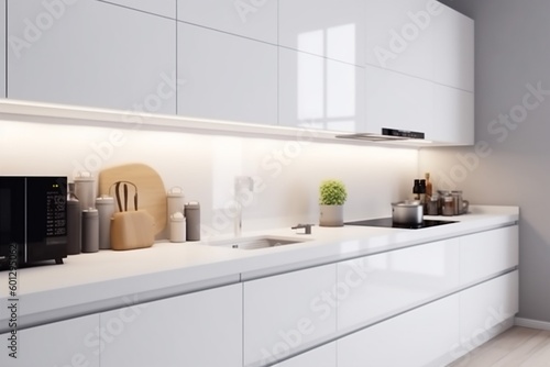 interior contemporary house design kitchen modern nobody apartment home white empty. Generative AI.