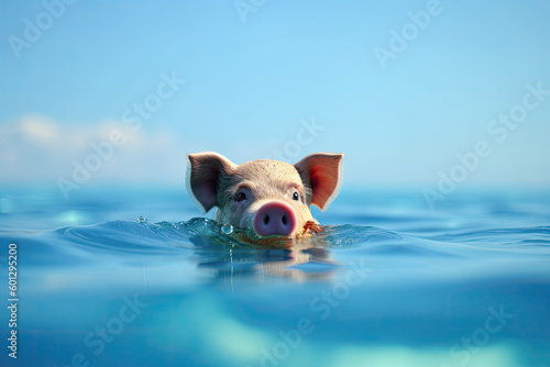 Cute pig swimming in the sea on a sunny day Selective focus. Generative AI.