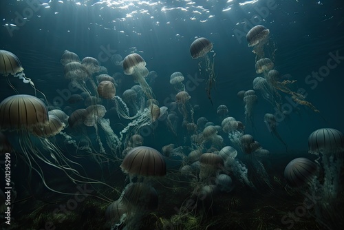 jellyfish swarm undulating through underwater landscape, created with generative ai
