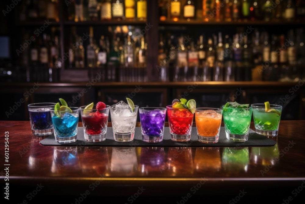 bar scene, with a variety of colorful cocktails and ice cubes floating in glasses, created with generative ai
