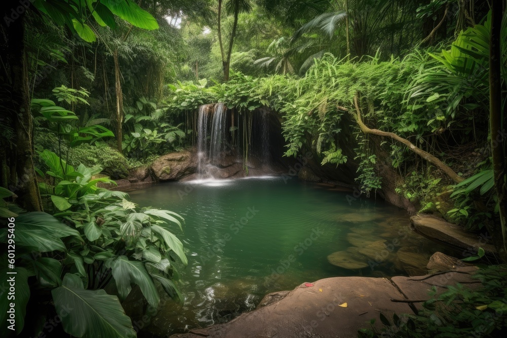peaceful waterfall with tranquil pool and lush greenery in the background, created with generative ai peaceful waterfall with tranquil pool and lush greenery in the background, created with generative ai