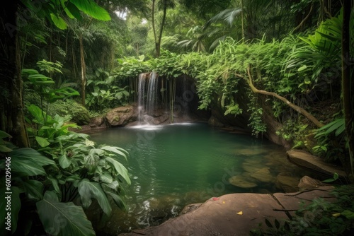 peaceful waterfall with tranquil pool and lush greenery in the background, created with generative ai