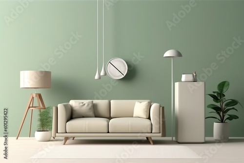 Modern White Air Multiplier in Cozy Living Room - Ideal for Smart Home Air Quality Lifestyle on Sage Green Wall with Beige Sofa, Ai Generative
