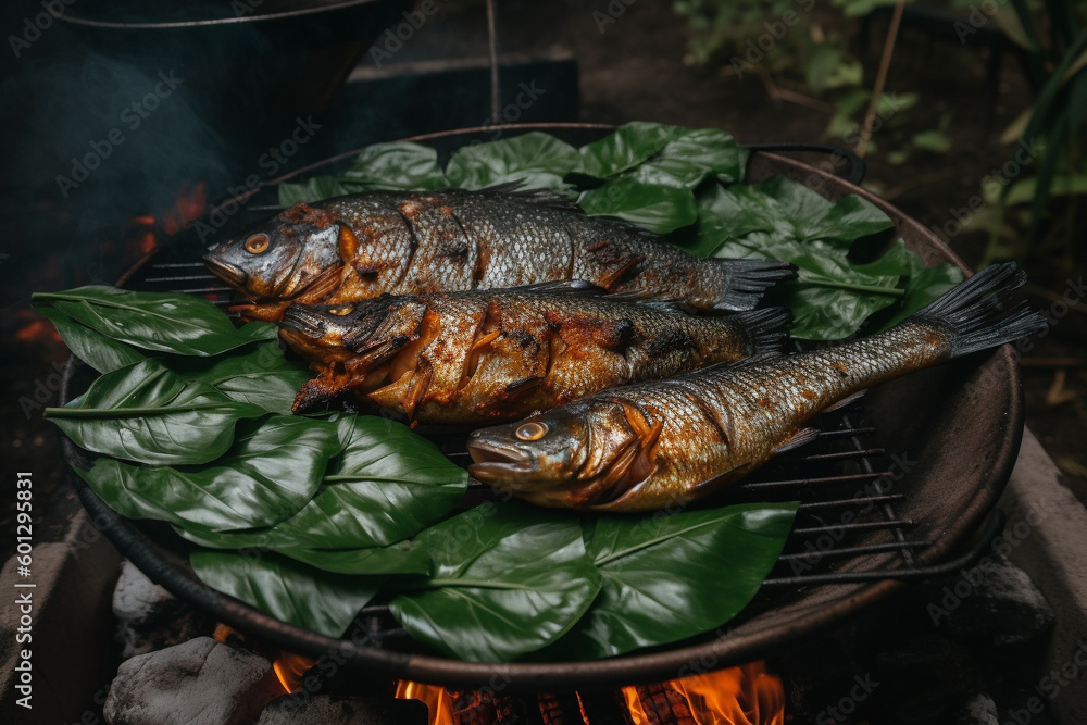 whole fish on grill grid, charcoal fire bbq. Generative AI whole fish on grill grid, charcoal fire bbq. Generative AI