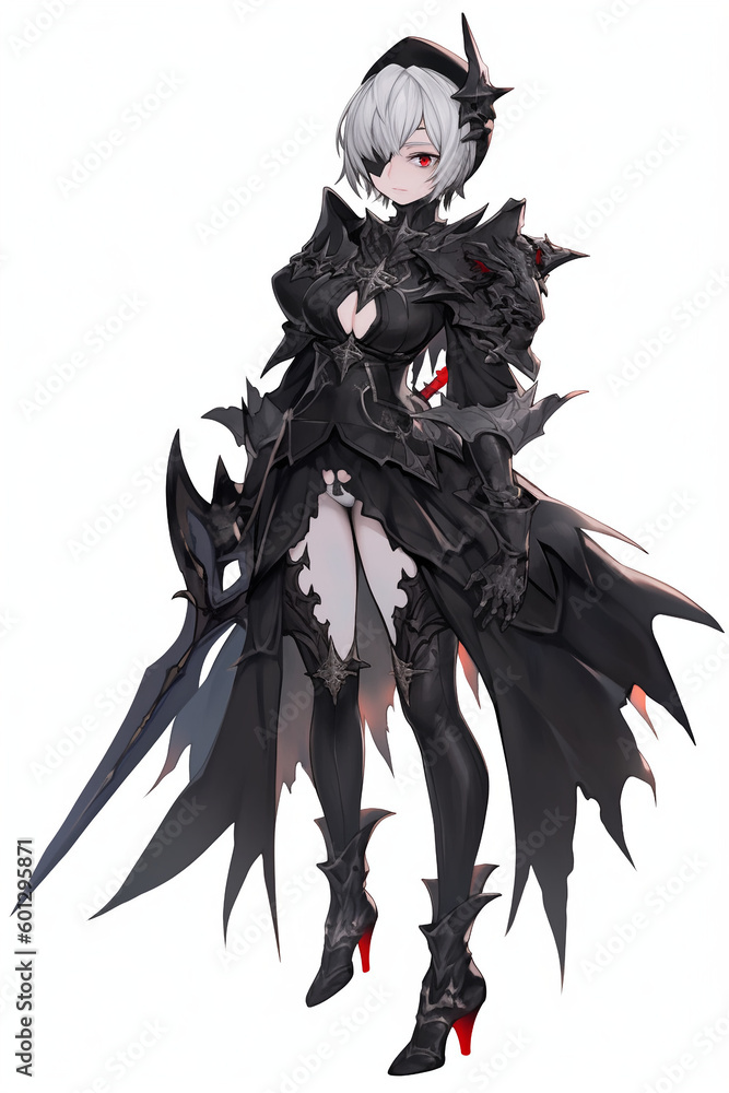 暗黒騎士(ダークナイト、ブラックナイト、シャドウナイト)の女性キャラクターの全身イラスト(AI generated image) 暗黒騎士(ダークナイト、ブラックナイト、シャドウナイト)の女性キャラクターの全身イラスト(AI generated image)