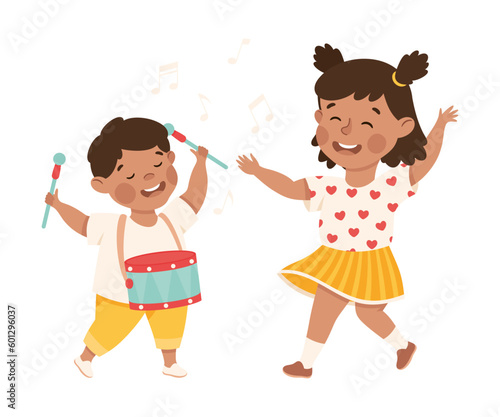 Happy girl and boy playing drums. Joyful kids brother and sister playing together cartoon vector illustration