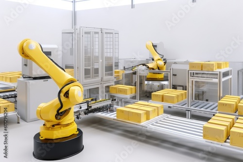 packaging and sorting robot, placing products into boxes for shipment, created with generative ai