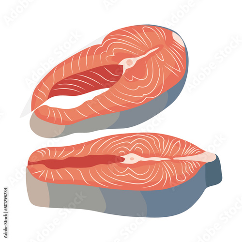 Vector illustration of fresh raw salmon, trout, tuna fillet. Fresh delicious seafood meat cartoon drawing for digital resources.