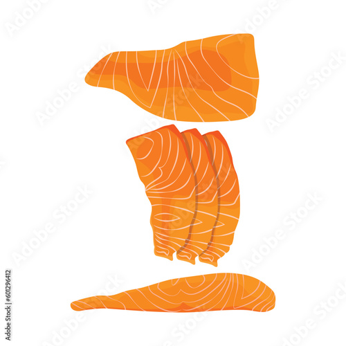 Vector illustration of fresh raw salmon, trout, tuna fillet. Fresh delicious seafood meat cartoon drawing for digital resources.