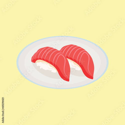 Vector illustration nigiri sushi set on pastel color background. Nigiri, Sushi, Salmon, Tuna, Shrimp, Avocado Japanese Food. Delicious japanese culinary