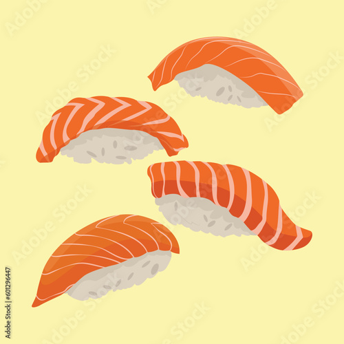 Vector illustration nigiri sushi set on pastel color background. Nigiri, Sushi, Salmon, Tuna, Shrimp, Avocado Japanese Food. Delicious japanese culinary