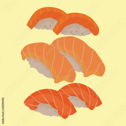 Vector illustration nigiri sushi set on pastel color background. Nigiri, Sushi, Salmon, Tuna, Shrimp, Avocado Japanese Food. Delicious japanese culinary