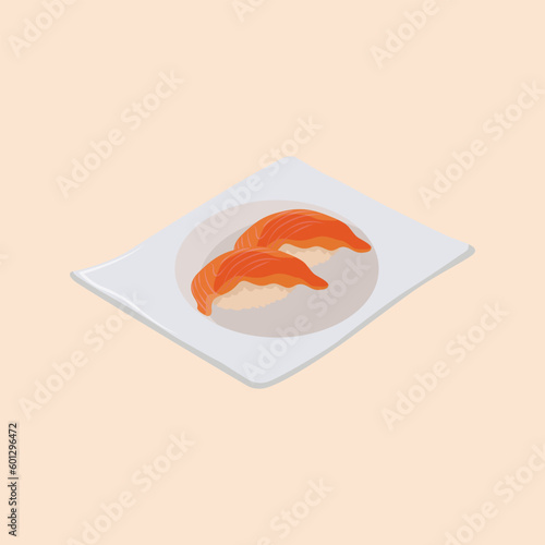 Vector illustration nigiri sushi set on pastel color background. Nigiri, Sushi, Salmon, Tuna, Shrimp, Avocado Japanese Food. Delicious japanese culinary