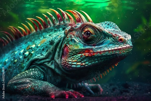 Green iguana in an aquarium  showcasing colorful iguanas in water  brought to life with Generative AI