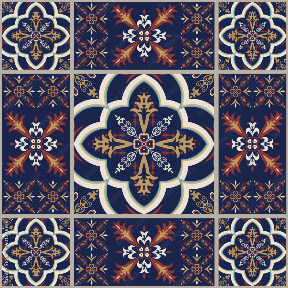 Patchwork tiles floral pattern Arabic style. Vector ethnic blue color Moroccan, Portuguese tiles seamless pattern. Peranakan tile pattern use for home interior flooring decoration elements. Patchwork tiles floral pattern Arabic style. Vector ethnic blue color Moroccan, Portuguese tiles seamless pattern. Peranakan tile pattern use for home interior flooring decoration elements.