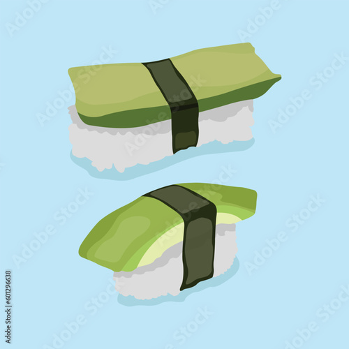 Vector illustration nigiri sushi set on pastel color background. Nigiri, Sushi, Salmon, Tuna, Shrimp, Avocado Japanese Food. Delicious japanese culinary