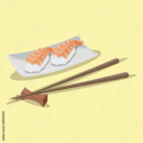 Vector illustration nigiri sushi set on pastel color background. Nigiri, Sushi, Salmon, Tuna, Shrimp, Avocado Japanese Food. Delicious japanese culinary