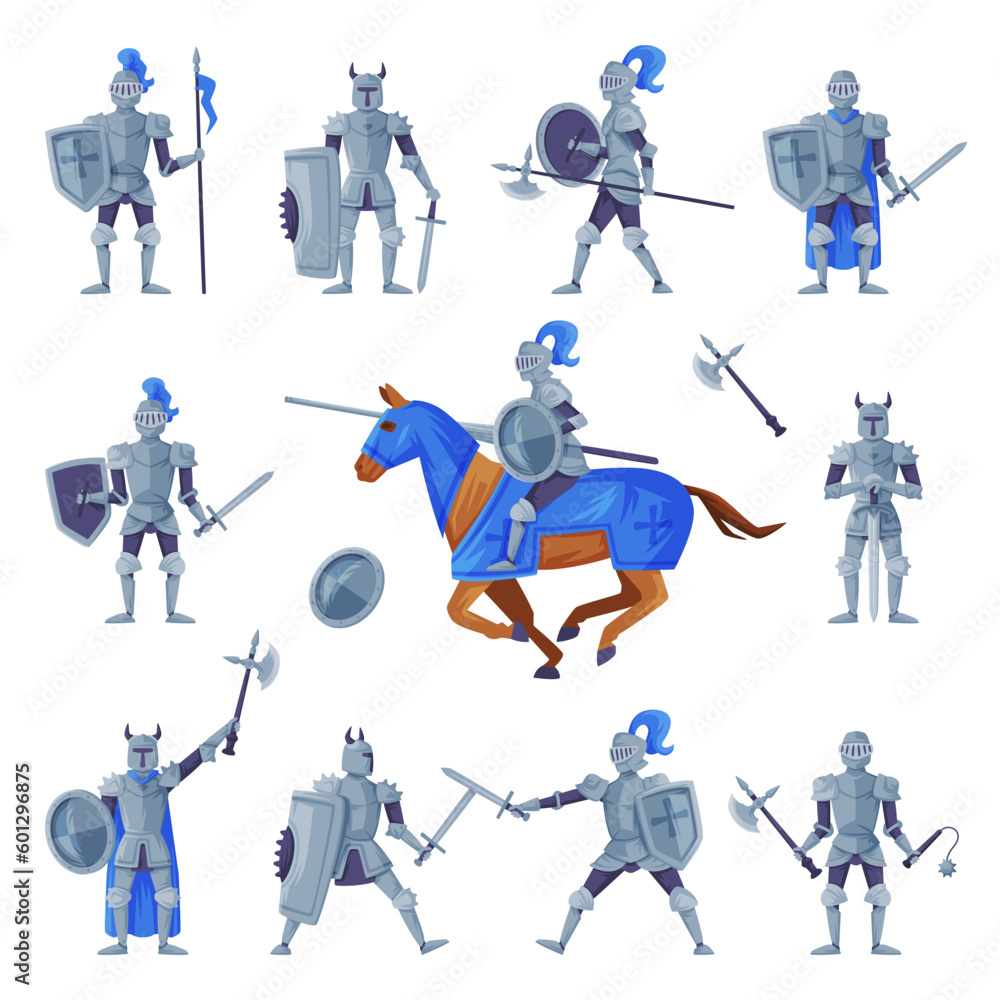 Medieval armored knights set. Warriors with ancient weapon ready to joust vector illustration