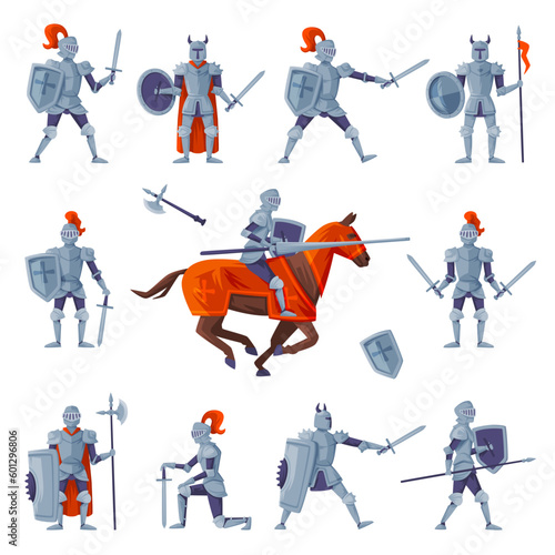 Medieval knights in full armour set. Ancient warriors with weapon vector illustration