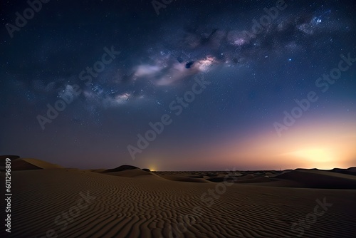 night sky over the dunes of a vast desert, with stars shining brightly, created with generative ai