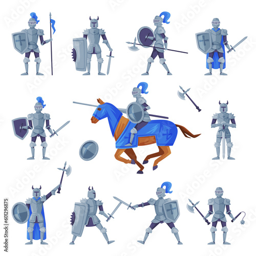 Medieval armored knights set. Warriors with ancient weapon ready to joust vector illustration