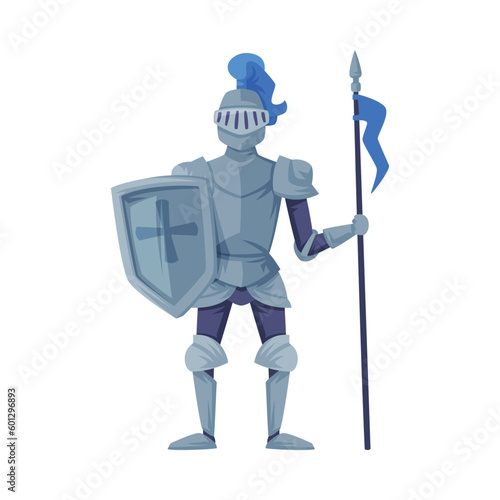 Medieval kingdom armored knight. Warrior holding lance ready to joust vector illustration
