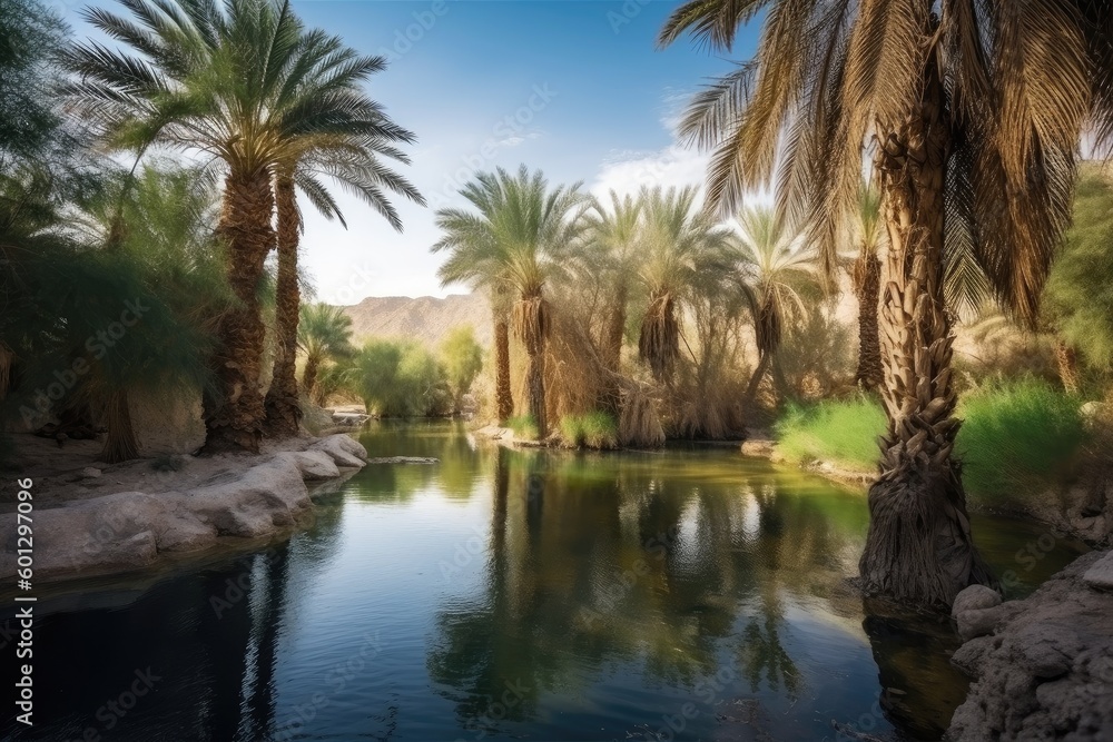 oasis with clear spring and palm trees in the desert, created with generative ai