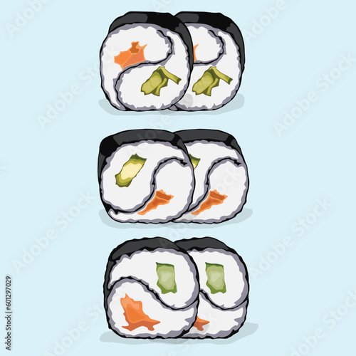 Vector illustration of sushi set nigiri, rolls served in traditional Japan. Asian food, sushi, rice, fish, avocado, shrimp isolated