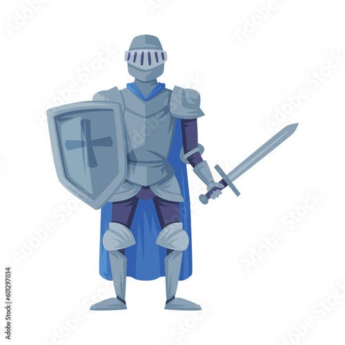 Medieval knight in full armour standing with shield and sword vector illustration