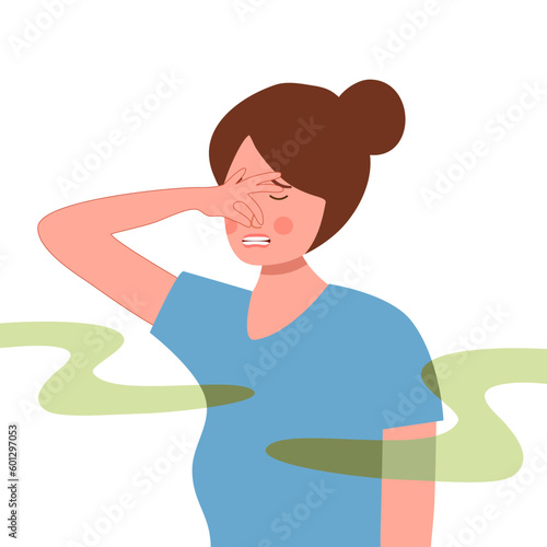 Female cover her nose from unpleasant smell in flat design on white background.