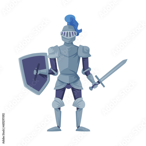 Medieval knight in full armour standing with shield and sword, front view vector illustration