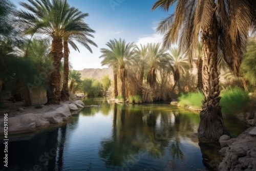 oasis with clear spring and palm trees in the desert, created with generative ai © altitudevisual