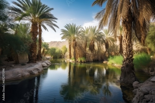 oasis with clear spring and palm trees in the desert, created with generative ai