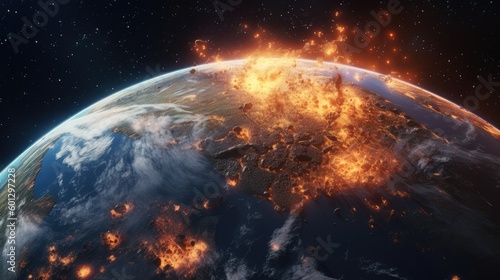 A catastrophic explosion on Earth seen from space. Fire engulf the planet AI generated