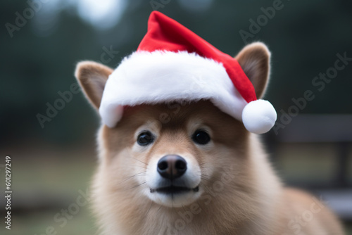 photo of a cute dog wearing a christmas hat