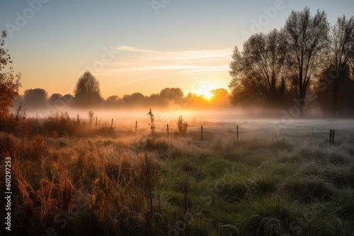 mist rising from meadow, with sunrise in the background, created with generative ai