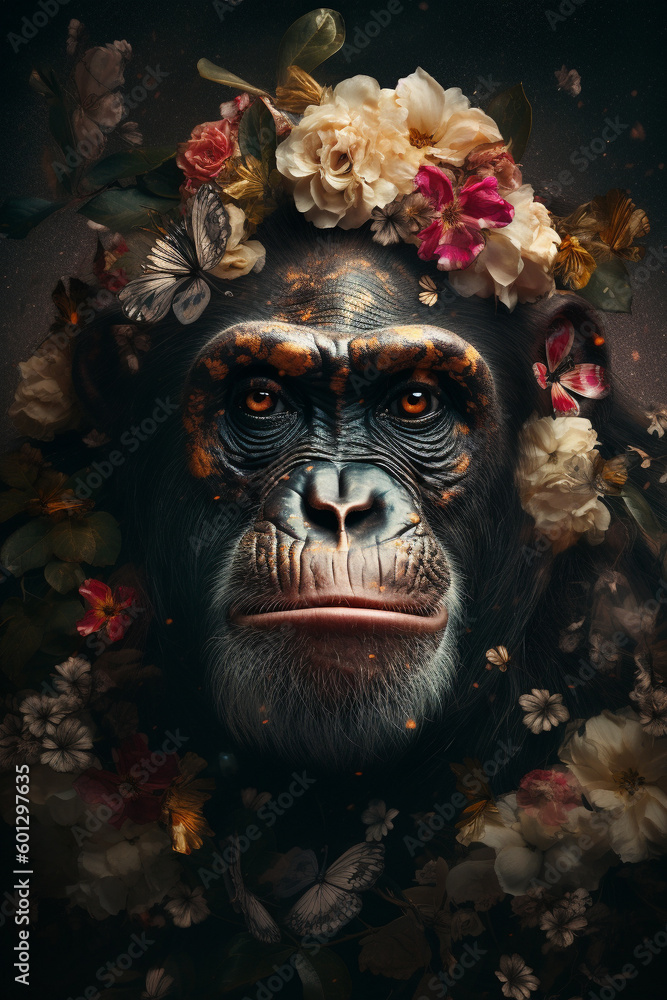 Chimpanzee or Chimp portrait with colorful flowers and leaves. Monkey creative animal portrait. Generative Ai