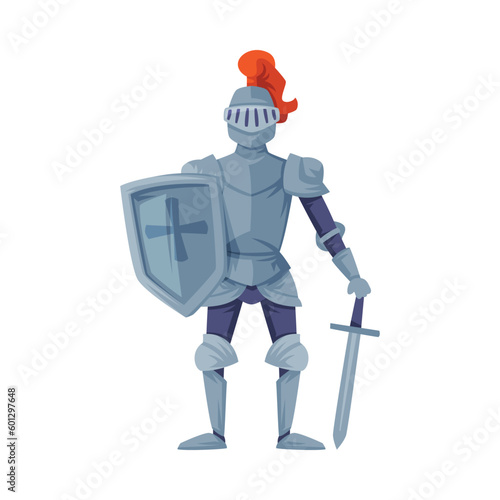 Medieval armored knight holding shield and sword ready to joust, front view vector illustration