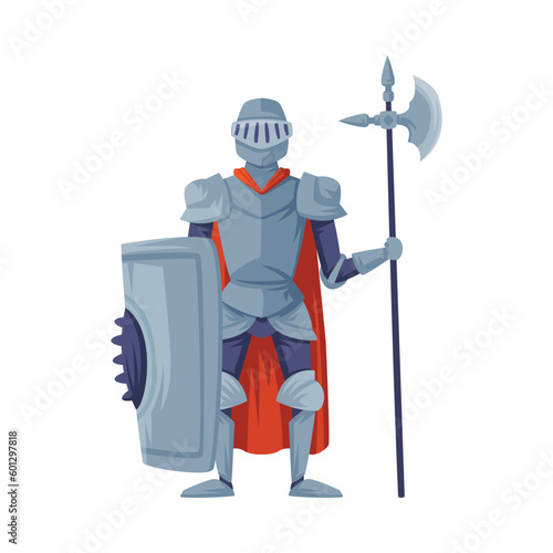 Medieval knight in full armour standing with shield and poleaxe, front view vector illustration