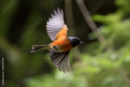 male redstart bird in flight above forest canopy, created with generative ai photo