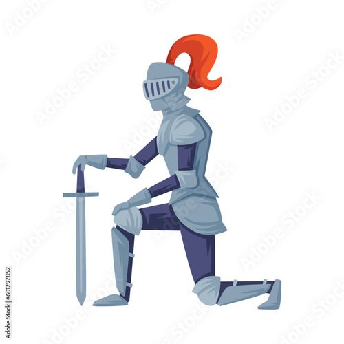 Medieval armored honoring knight. Warrior with sword standing on his knee vector illustration