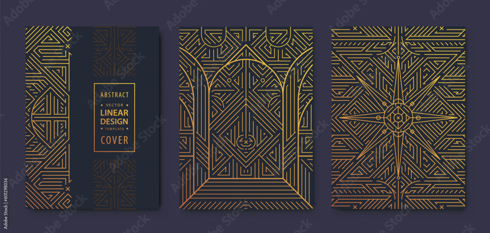 Set of vector Art deco, gatsby golden covers. Creative design templates. Trendy graphic poster, brochure, design, packaging, branding. Geometric shapes, ornaments, elements. Building, city. - obrazy, fototapety, plakaty 