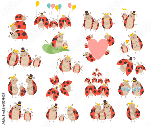 Ladybugs families set. Parents and kids of cute funny insects cartoon vector illustration