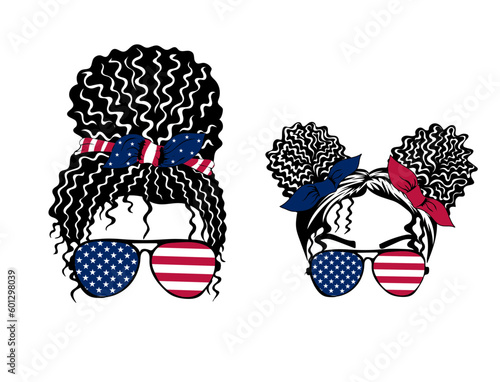 American mom and girl. 4th of July Messy Bun Girl American. US independence day. Vector illustration 