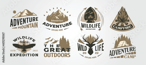 Photo set of outdoor logo vector illustration design, adventure camp wild life collect