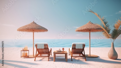 A picturesque beach scene with the ocean stretching out to the horizon and sun loungers inviting relaxation on the sandy shore AI generated © Valeriia