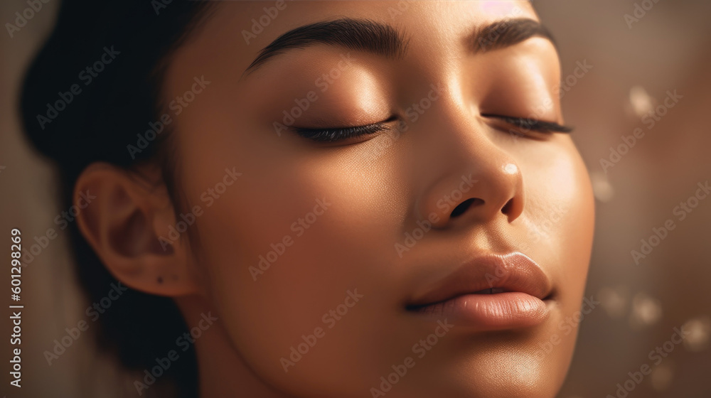 Womans face with their eyes closed, and a serene expression on their face as they focus on their breathing. Generative AI Womans face with their eyes closed, and a serene expression on their face as they focus on their breathing. Generative AI