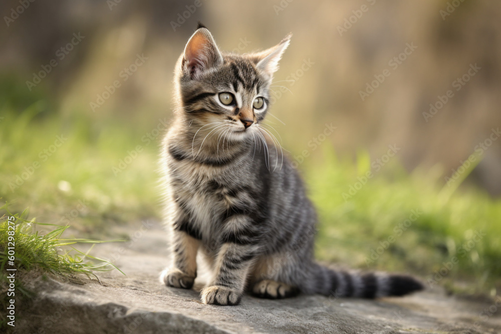 adorable meowing tabby kitten outdoors