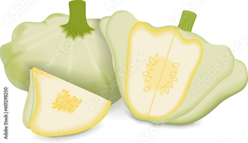 Whole, quarter, wedges of White Patty Pan squash or Scallop or Scallopini squash. Summer squash. Cucurbita pepo. Fruits and vegetables. Vector illustration isolated on white background.